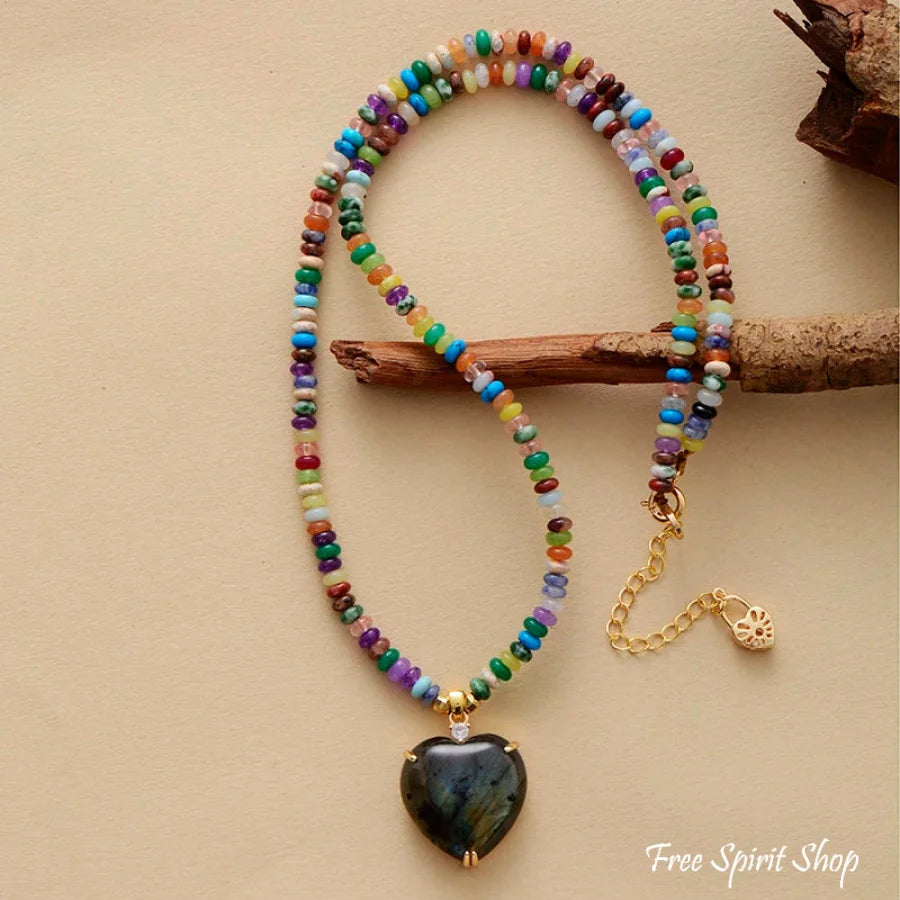 Natural Labradorite Heart & Mixed Bead Necklace