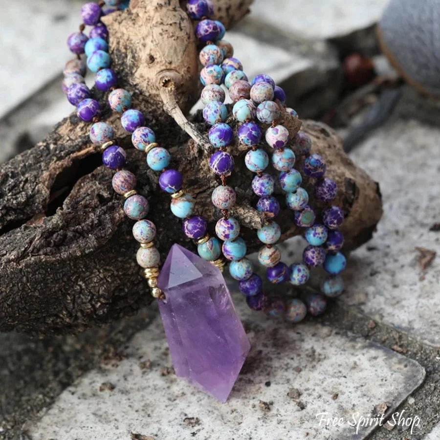 108 Natural Purple Jasper & Amethyst Wandpoint Crystal Mala Bead Necklace