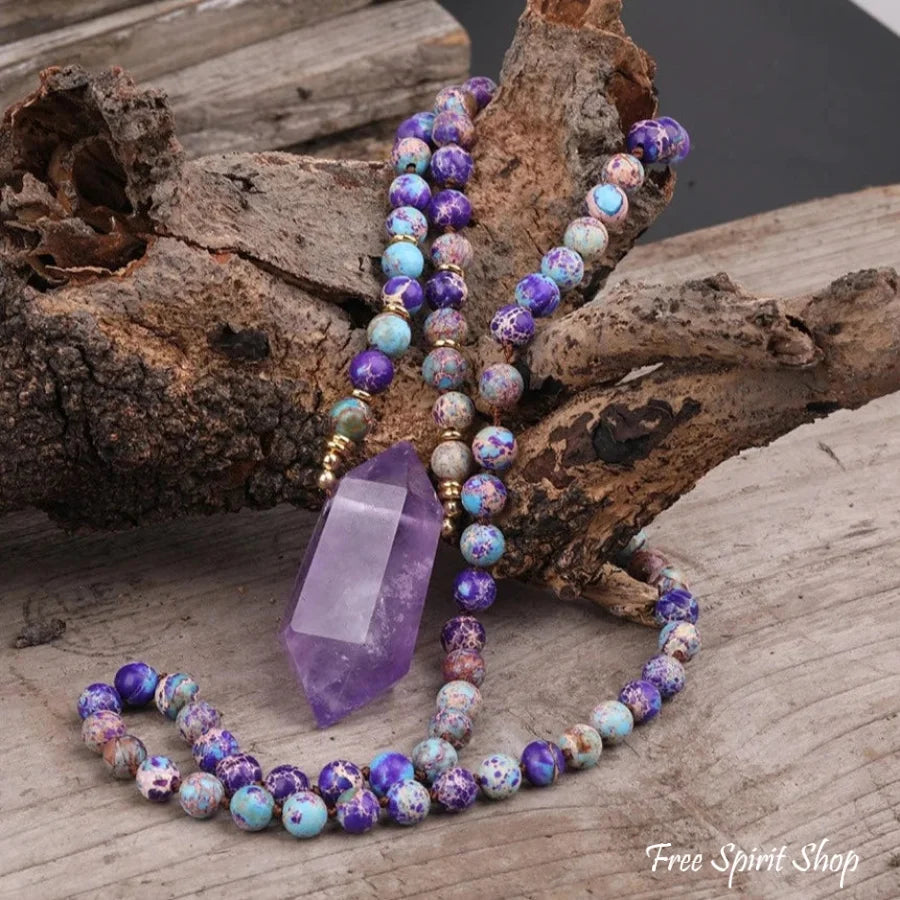 108 Natural Purple Jasper & Amethyst Wandpoint Crystal Mala Bead Necklace