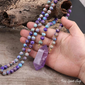 108 Natural Purple Jasper & Amethyst Wandpoint Crystal Mala Bead Necklace