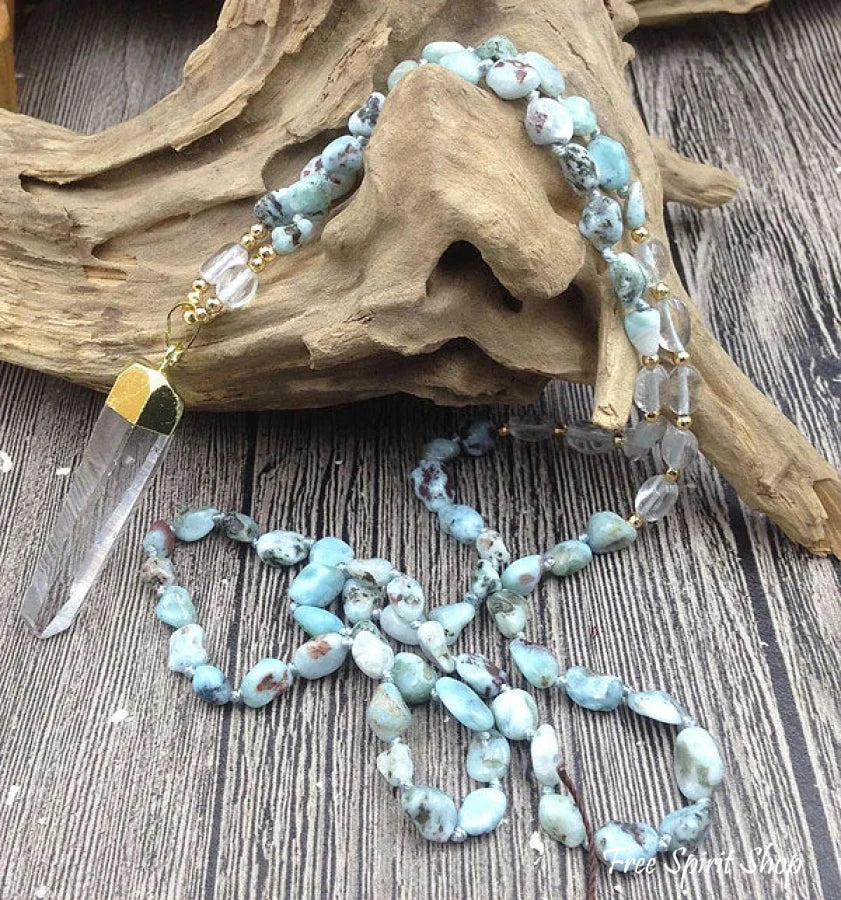 Natural Larimar & Clear Quartz Gemstone Necklace