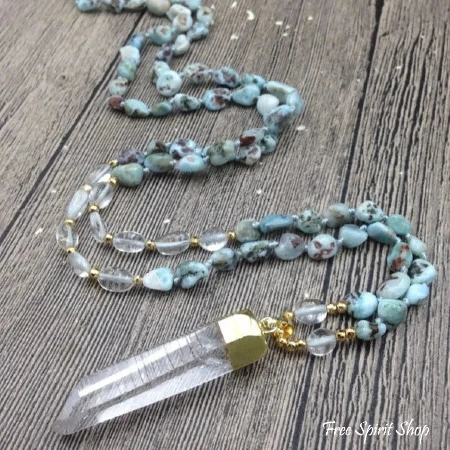 Natural Larimar & Clear Quartz Gemstone Necklace