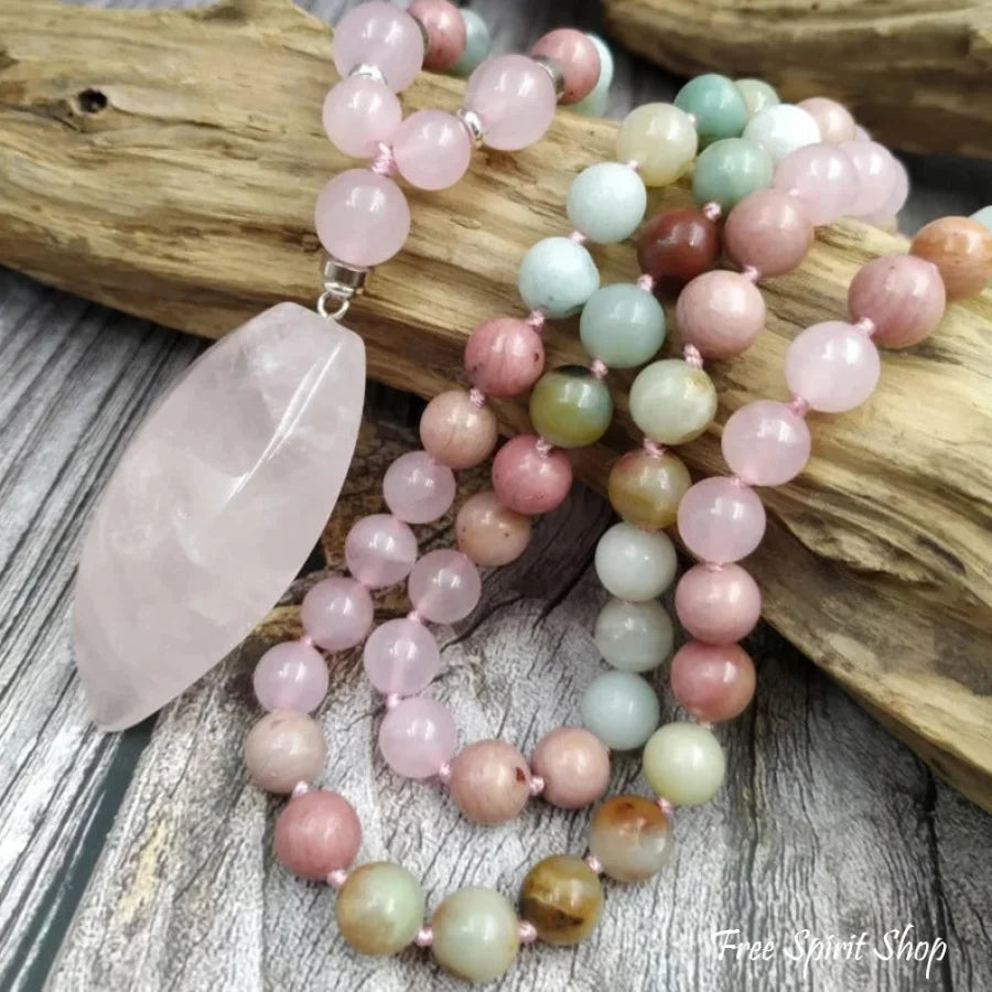 108 Natural Amazonite Rose Quartz & Rhodonite Mala Necklace