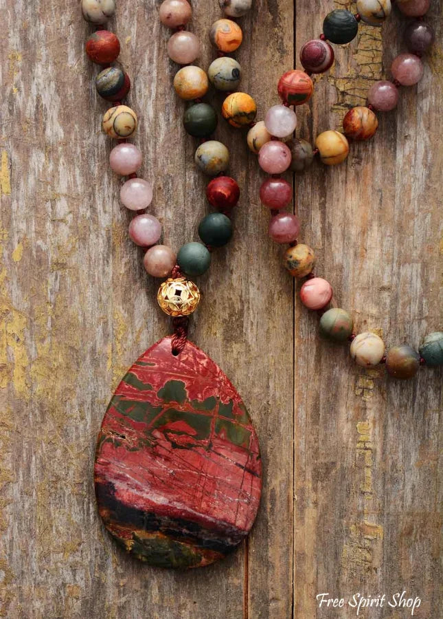Natural Red Jasper & Pink Jade Beaded Necklace