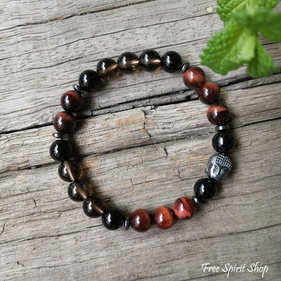 Natural Red Tiger Eye Black Onyx & Smokey Quartz Bead Bracelet