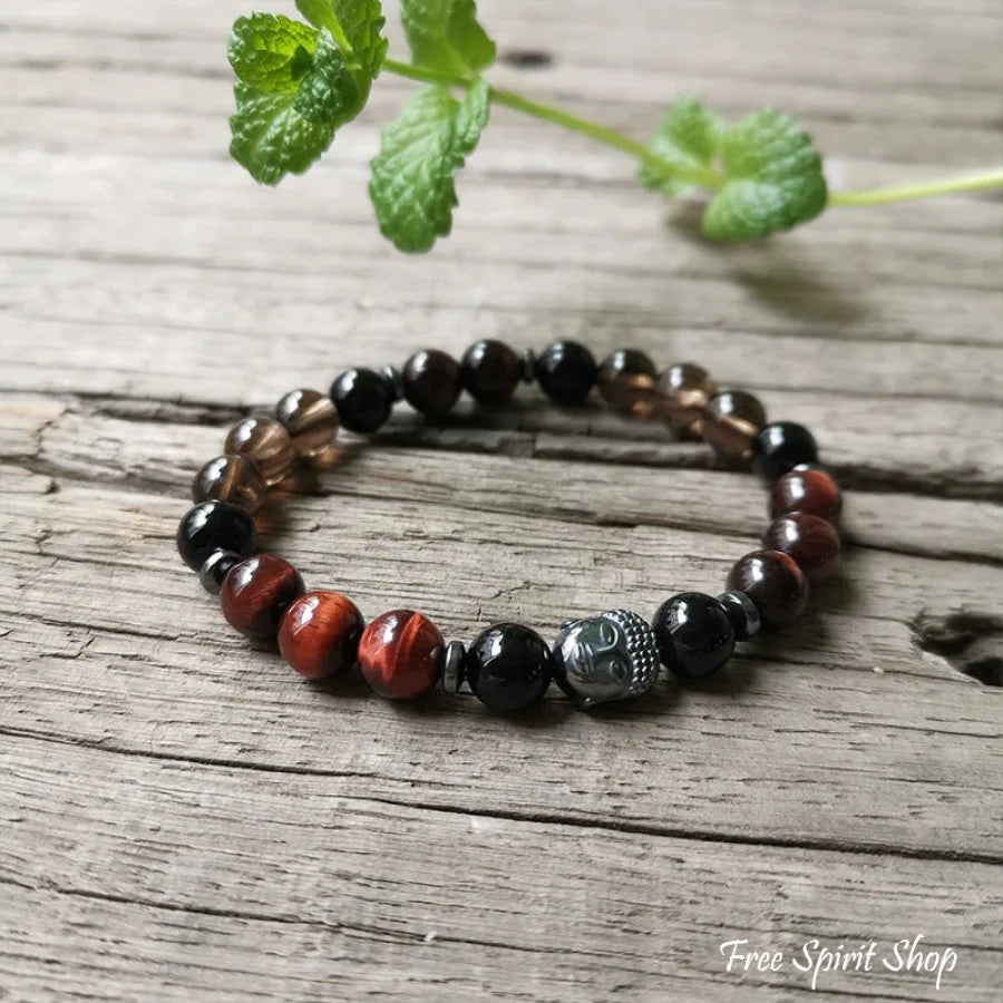 Natural Red Tiger Eye Black Onyx & Smokey Quartz Bead Bracelet