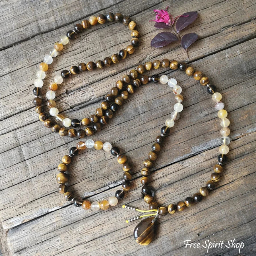 108 Natural Tiger Eye Yellow Quartz Gemstone Mala Bead Necklace