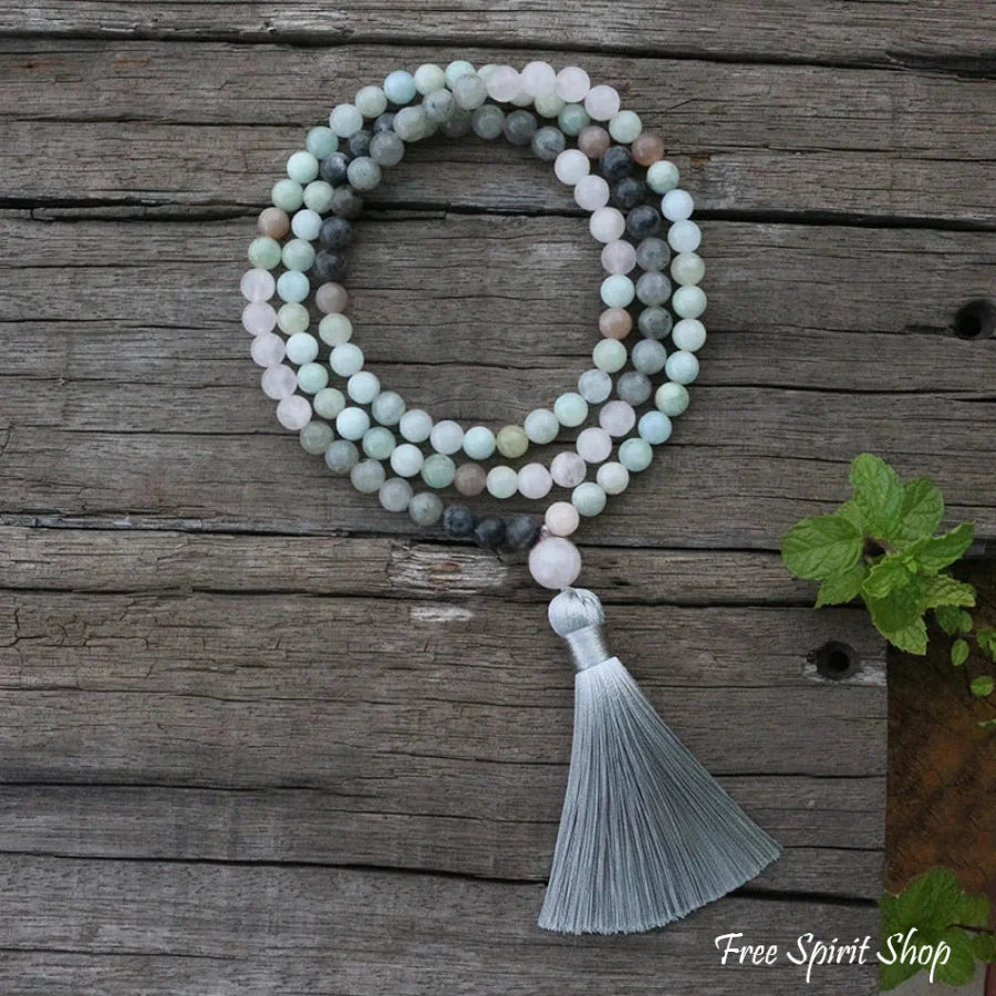 108 Natural Amazonite Labradorite Aquamarine & Rose Quartz Mala Necklace / Bracelet