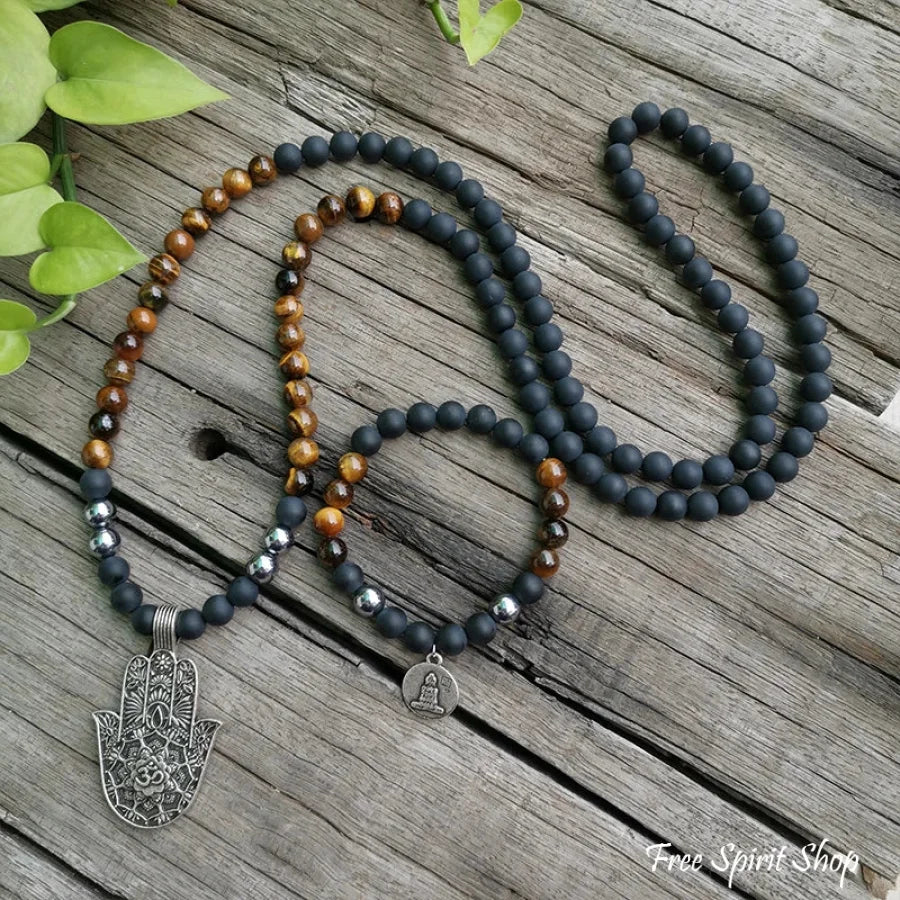 108 Tiger Eye & Matte Black Onyx Mala Bead Necklace