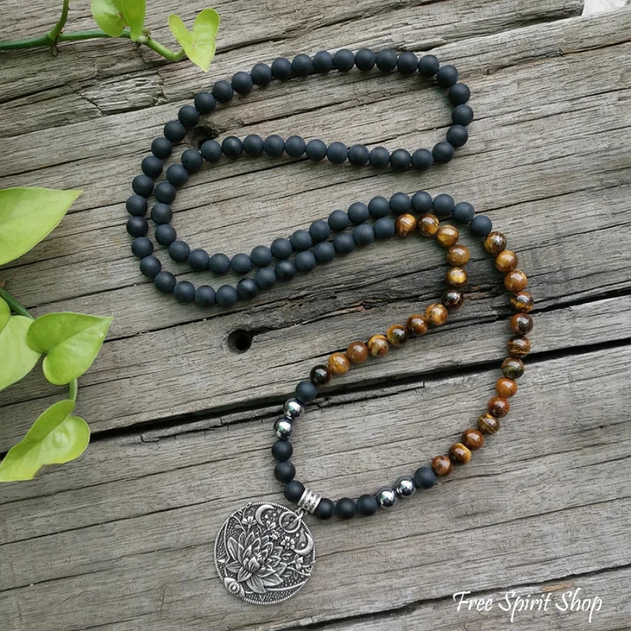 108 Natural Tiger Eye & Black Onyx Mala Beads Necklace / Bracelet