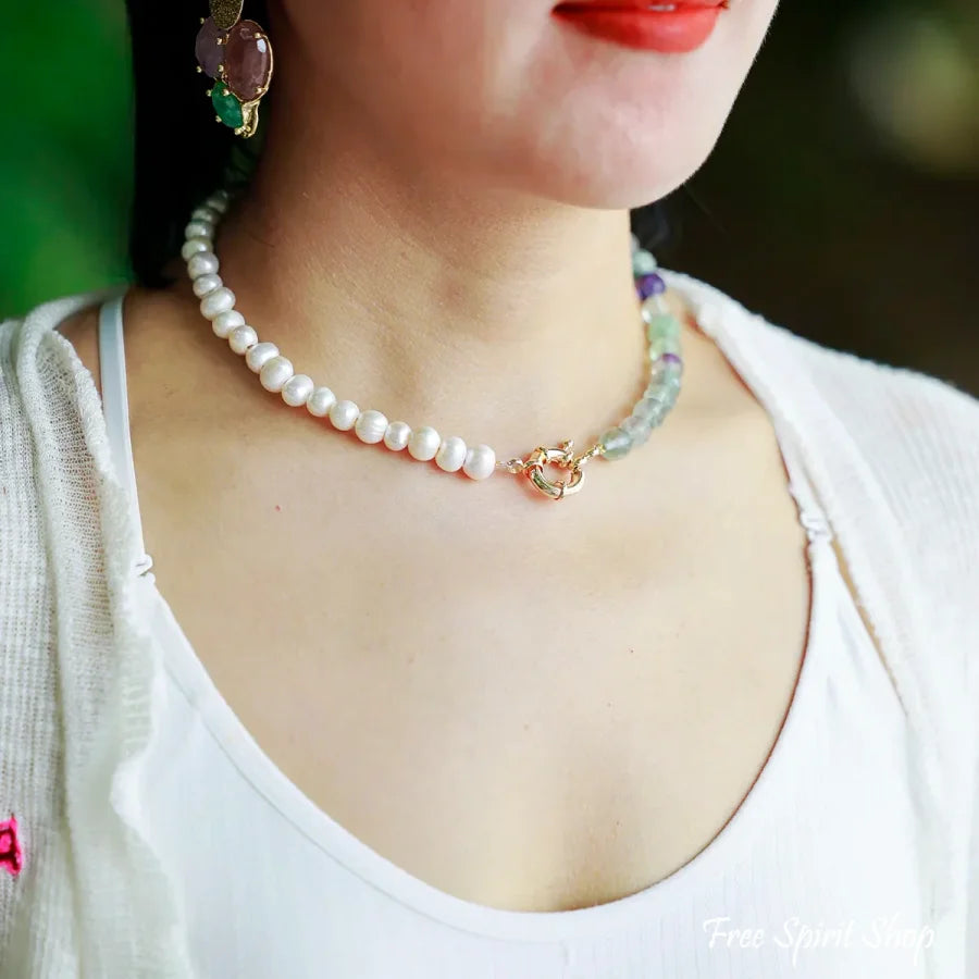 Fluorite & Freshwater Pearl Choker – Clarity & Grace Fluorite & Pearls Jewelry > Gemstone Bead Necklace