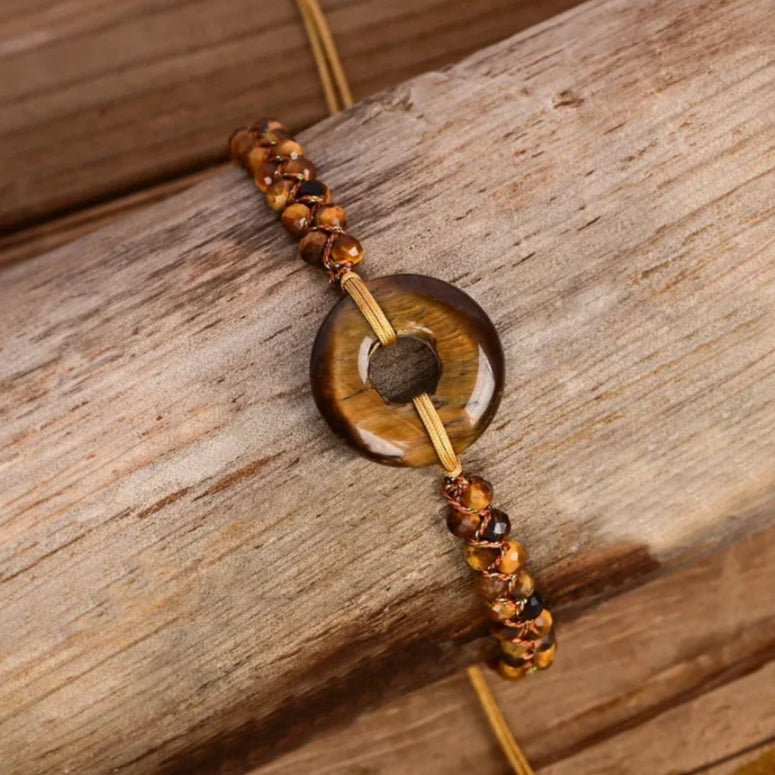 Tiger Eye Circle Charm Adjustable Bracelet – Symbol of Strength & Protection