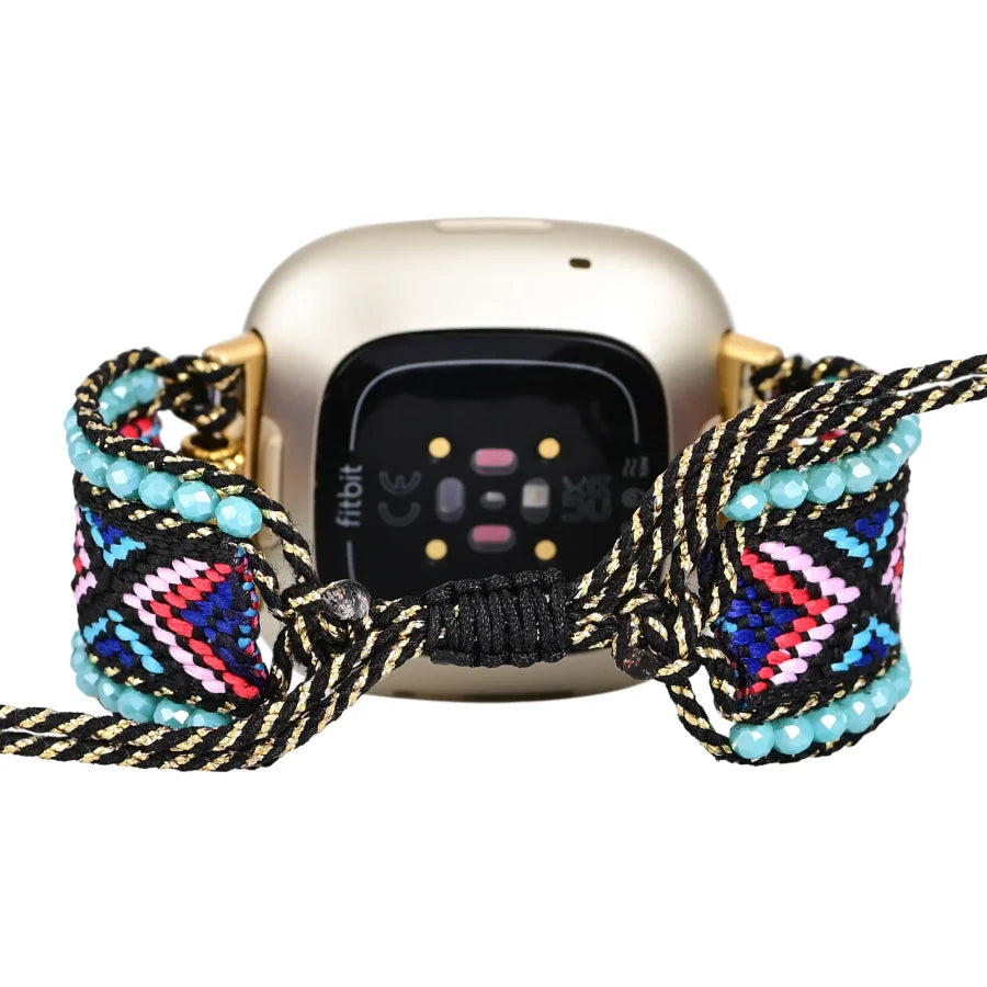 Pink & Navy Blue Woven Nylon Adjustable Fitbit Watch Band Smartwatch / Strap > Gemstone Bead Beaded
