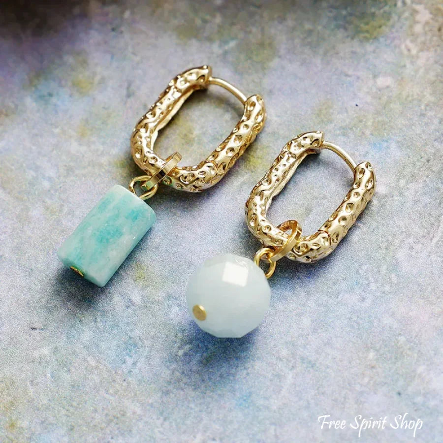 Asymmetrical Natural Amazonite Gold Hoop Earrings