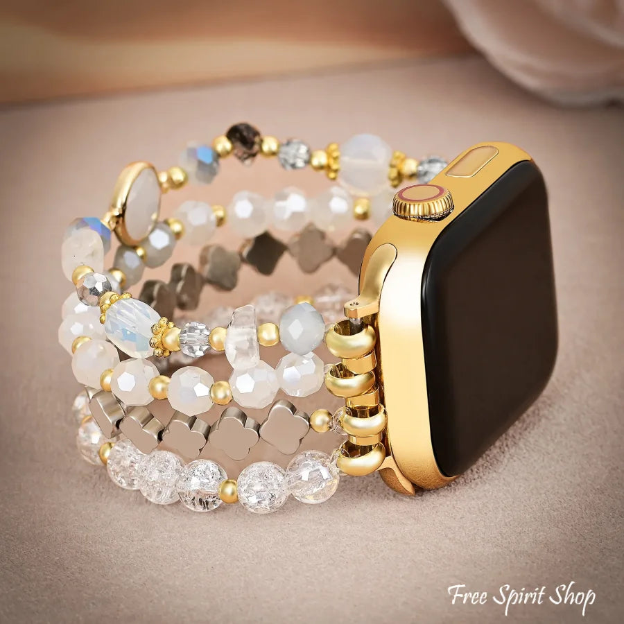 White Crystal Glow Beaded Apple Watch Band with Clover Charms display picture 1