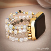 White Crystal Glow Beaded Fitbit Watch Band with Clover Charms