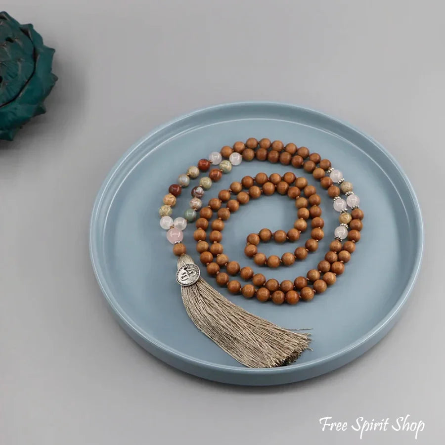 108 Natural Sandalwood Rose Quartz & Jasper Mala Bead Necklace Jewelry > Gemstone