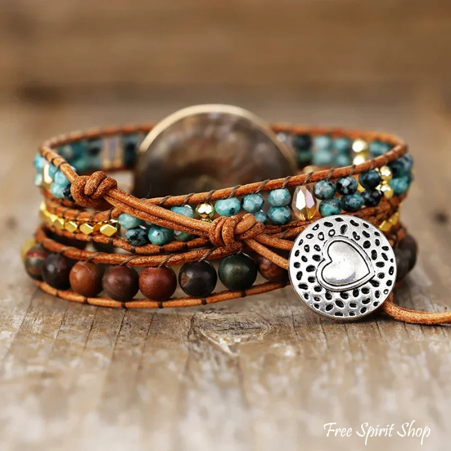 Natural Ammonite Fossil Jasper & African Turquoise Wrap Bracelet
