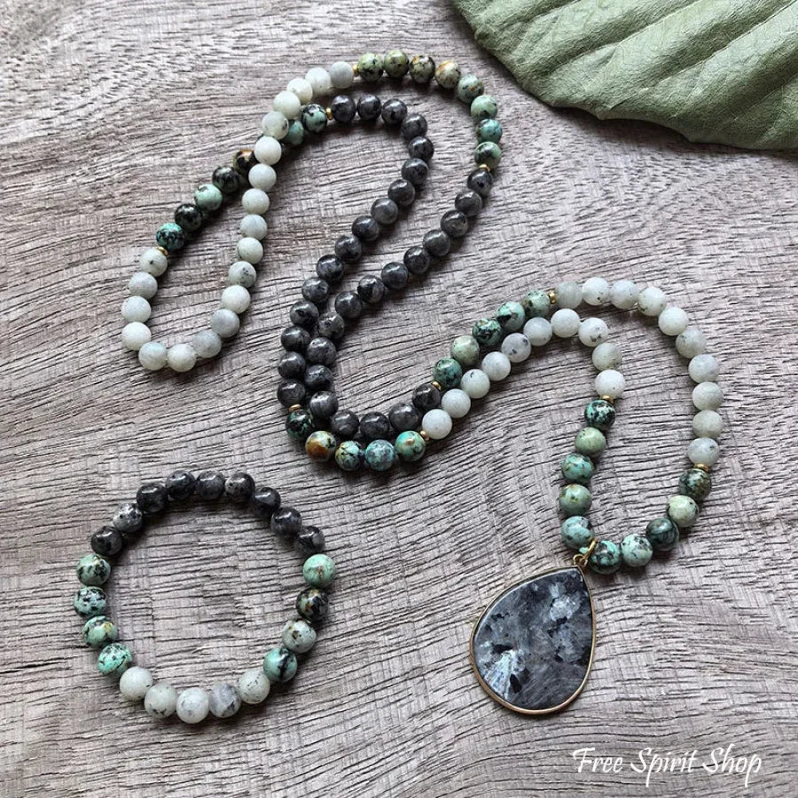 108 Natural Black Labradorite & African Turquoise Mala Bead Necklace