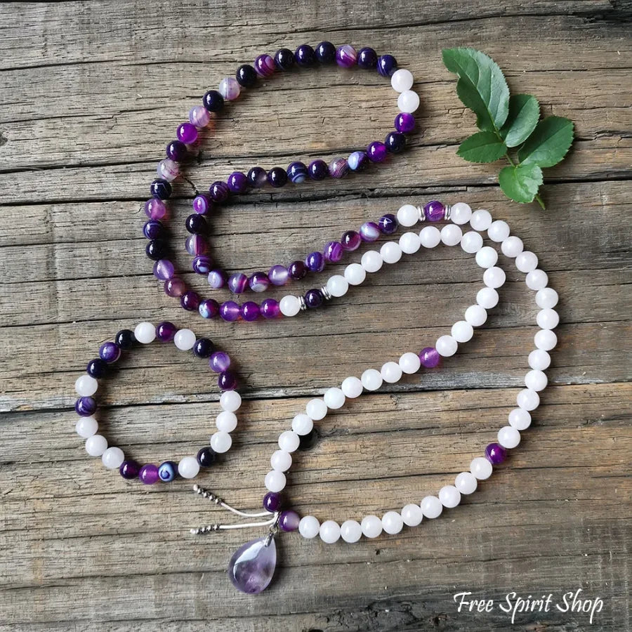 108 Purple Stripe Onyx Rose Quartz & Amethyst Mala Bead Necklace Jewelry > Gemstone