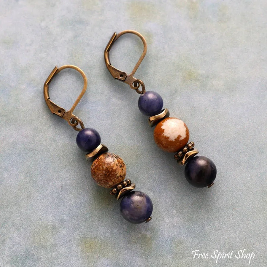 Natural Picture Jasper & Sodalite Bead Drop Earrings