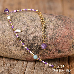 Natural Amethyst Hematite & Purple Assorted Bead Choker Necklace Jewelry > Gemstone