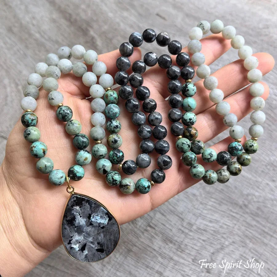 108 Natural Black Labradorite & African Turquoise Mala Bead Necklace