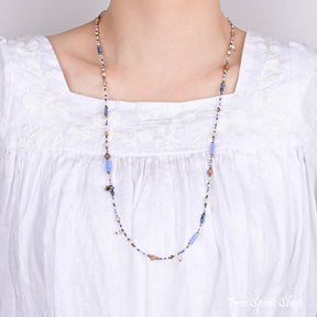 Natural Blue Sodalite Jasper & Pearl Beaded Choker Necklace Jewelry > Gemstone Bead