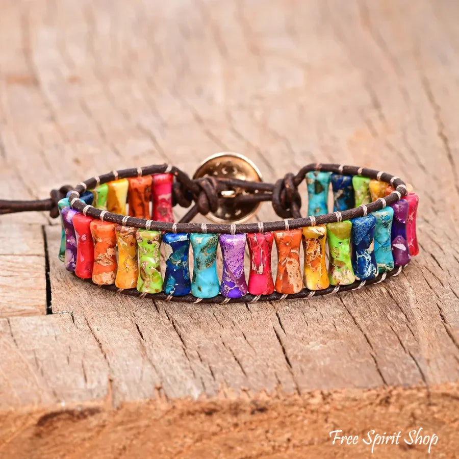 7 Chakra Jasper Tube Bead Leather Bracelet Jewelry > Bracelet > Gemstone Bead Bracelet