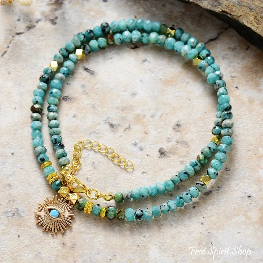 Turquoise & Golden Sun Pendant Beaded Choker Necklace