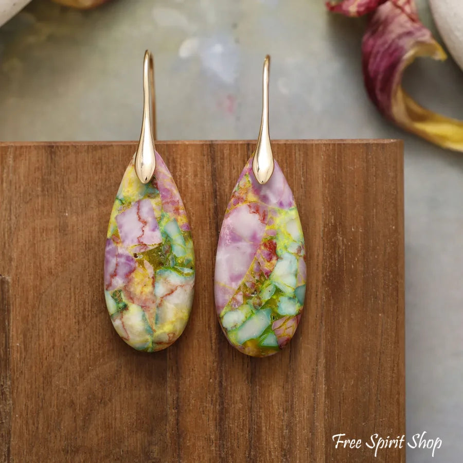 Spring Imperial Jasper Teardrop Earrings - Spring Gold