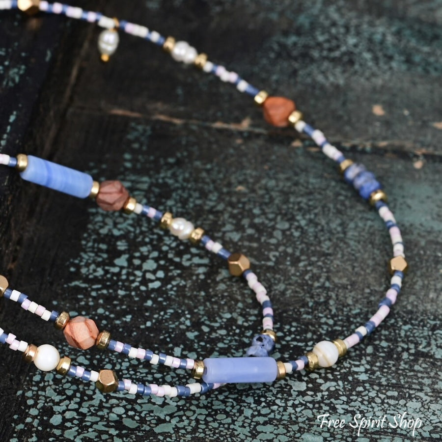 Natural Blue Sodalite Jasper & Pearl Beaded Choker Necklace Jewelry > Gemstone Bead