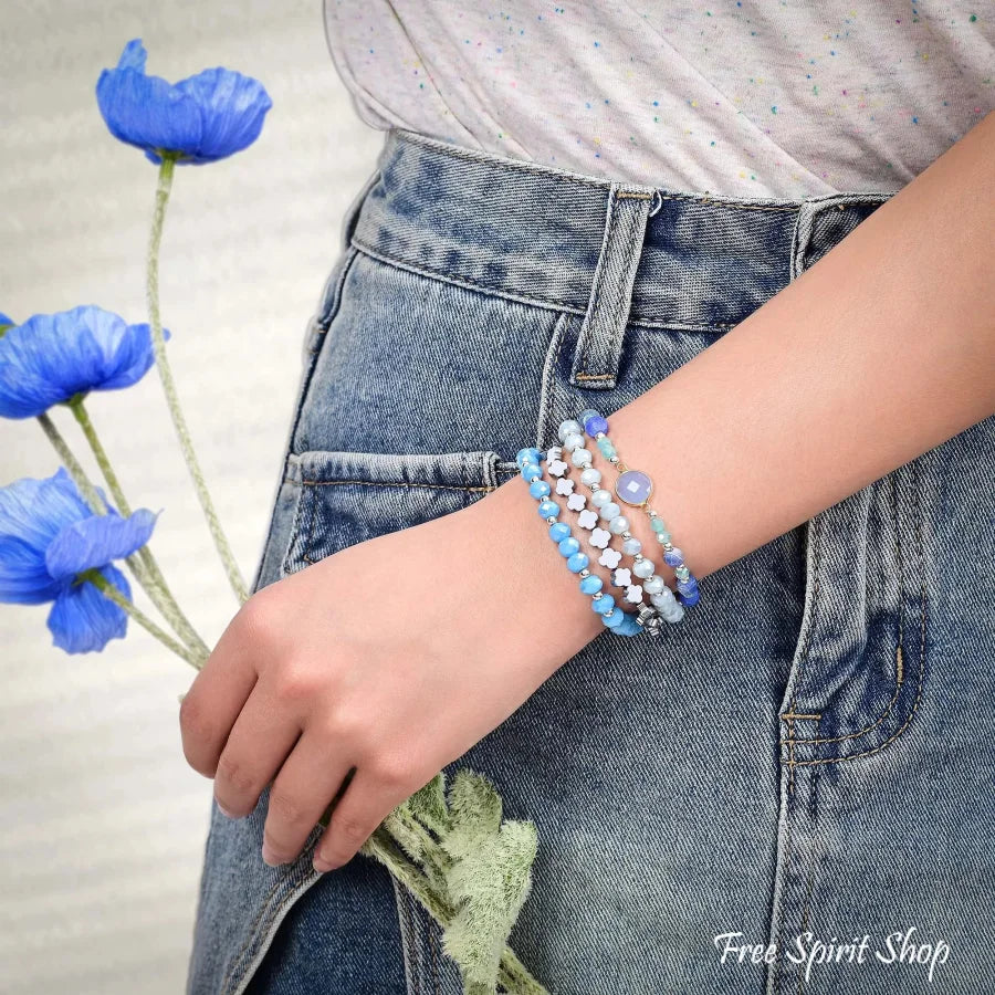 Ocean Breeze Beaded Apple Watch Band With Silver Clover Charms
