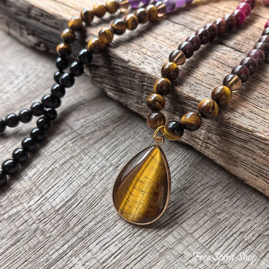 108 Natural Tiger eye Black Onyx Garrnet Sunstone & Amethyst Mala Bead Necklace Jewelry > Gemstone Bead Necklace > 108