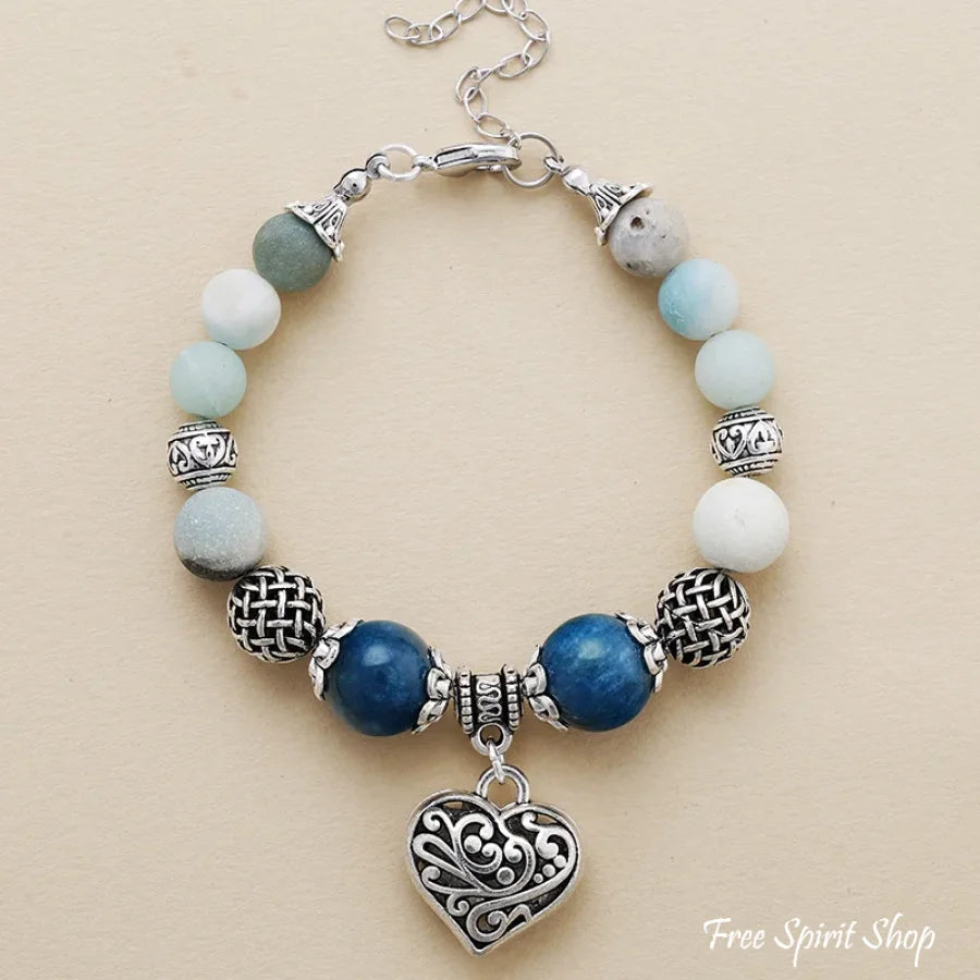 Natural Blue Apatite & Amazonite Heart Charm Bracelet