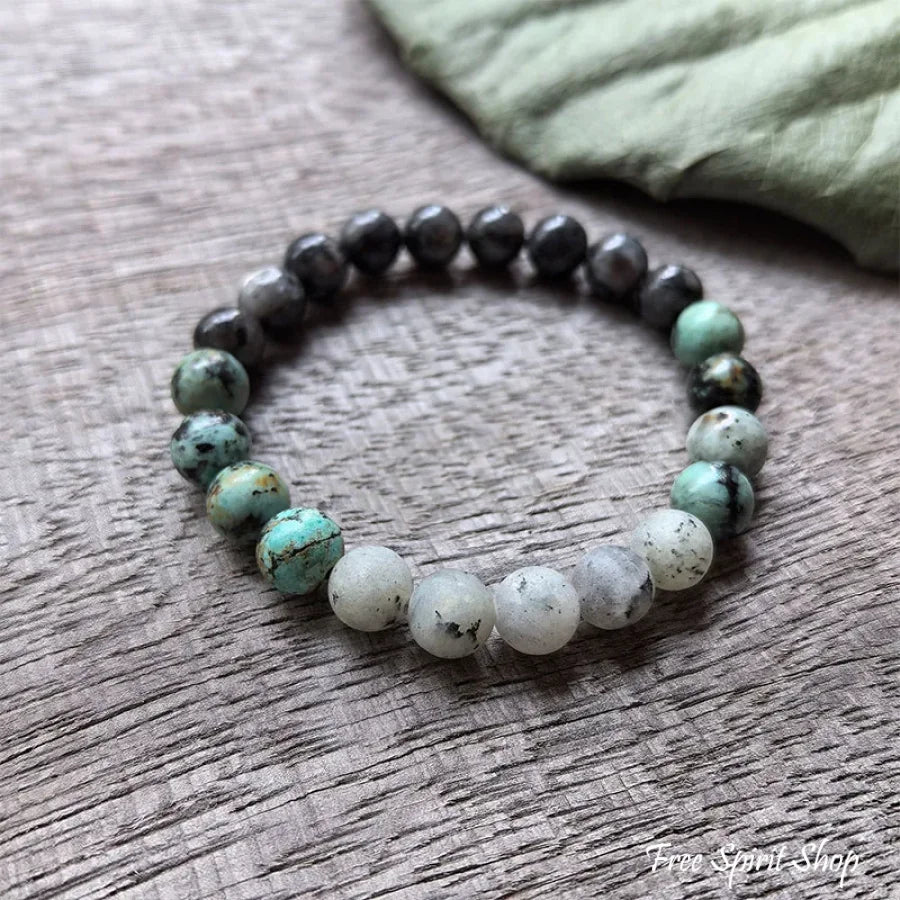 108 Natural Black Labradorite & African Turquoise Mala Bead Necklace