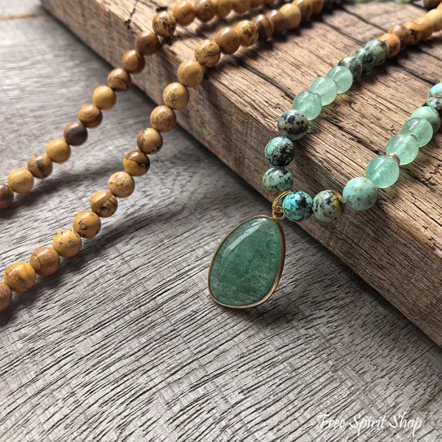 108 Natural Picture Jasper Green Quartz & African Turquoise Mala Bead Necklace