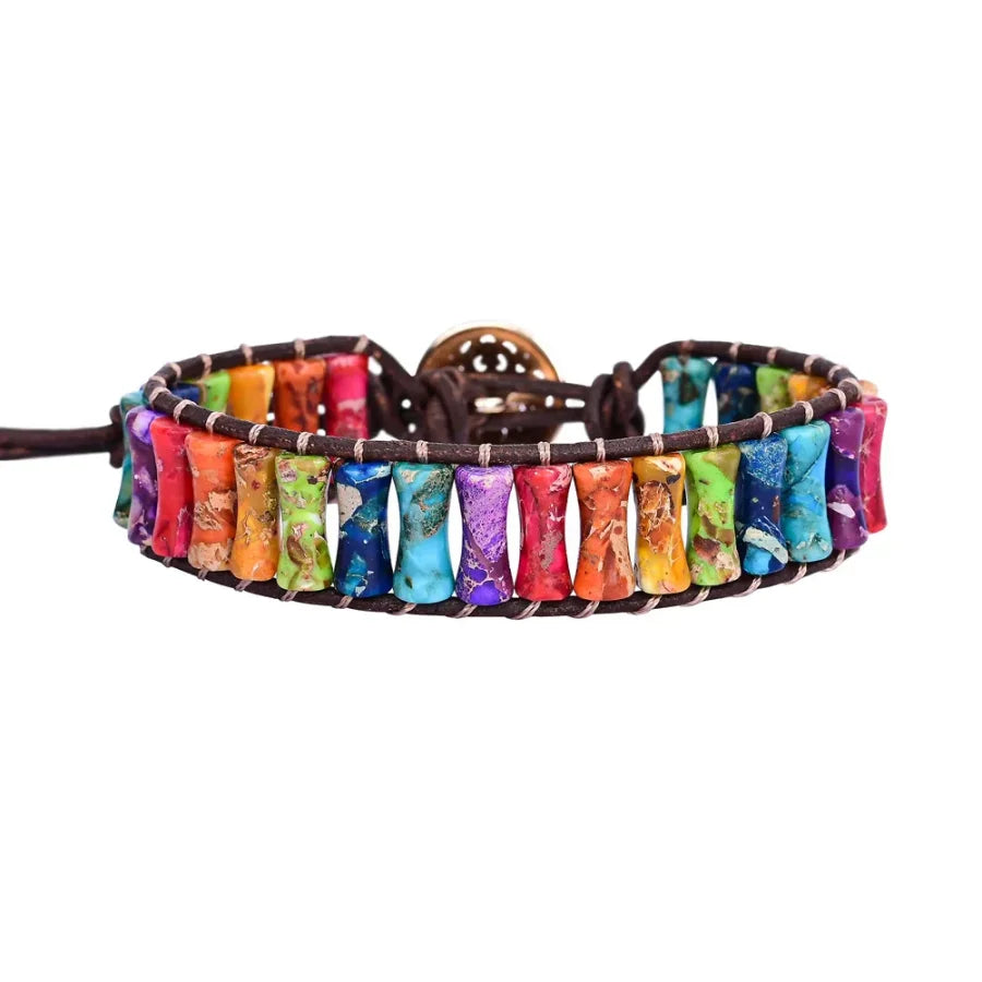 7 Chakra Jasper Tube Bead Leather Bracelet Jewelry > Bracelet > Gemstone Bead Bracelet