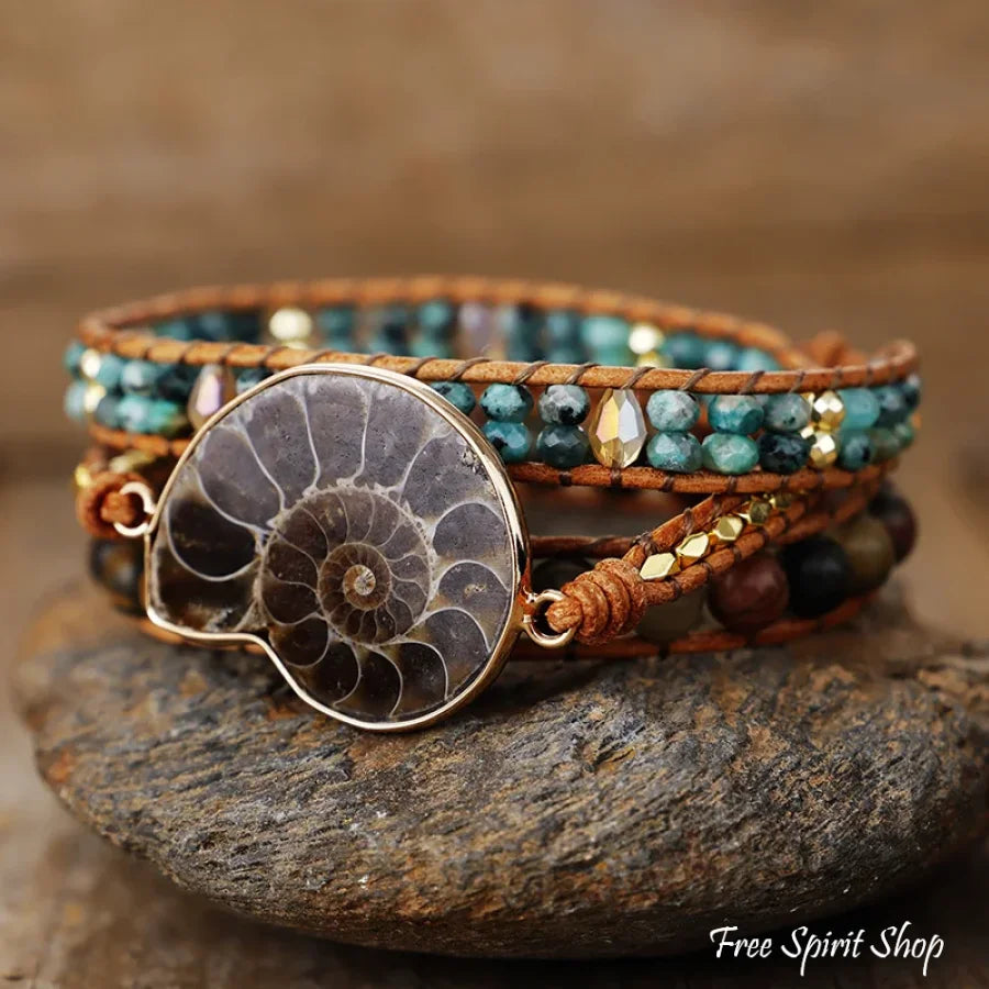 Natural Ammonite Fossil Jasper & African Turquoise Wrap Bracelet