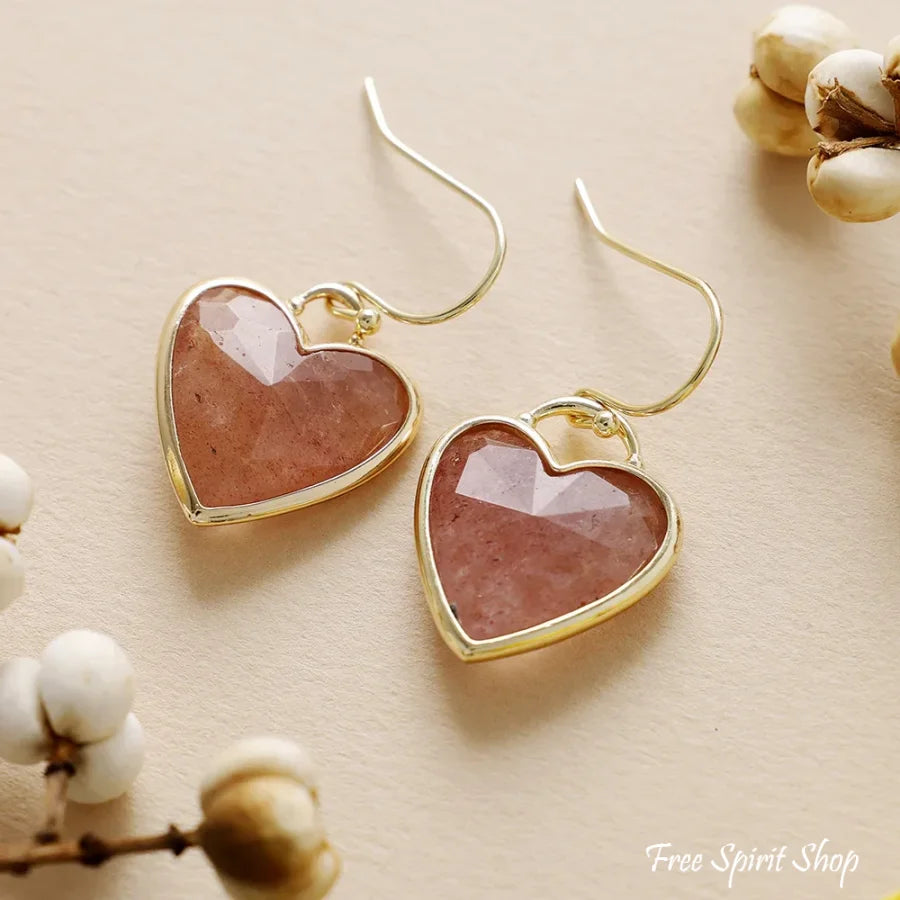 Strawberry Quartz Heart Drop Earrings