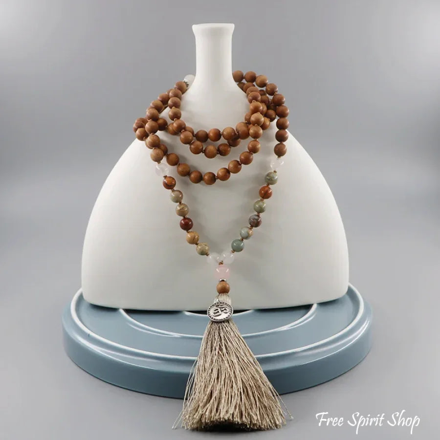 108 Natural Sandalwood Rose Quartz & Jasper Mala Bead Necklace Jewelry > Gemstone