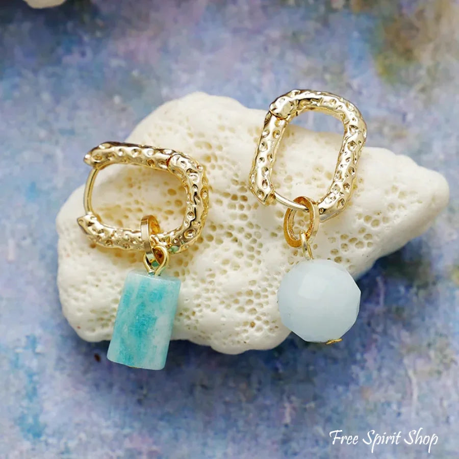 Asymmetrical Natural Amazonite Gold Hoop Earrings