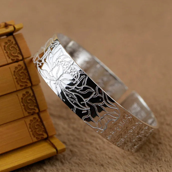 S990 Silver Buddhist Lotus & Heart Sutra Bangle Bracelet