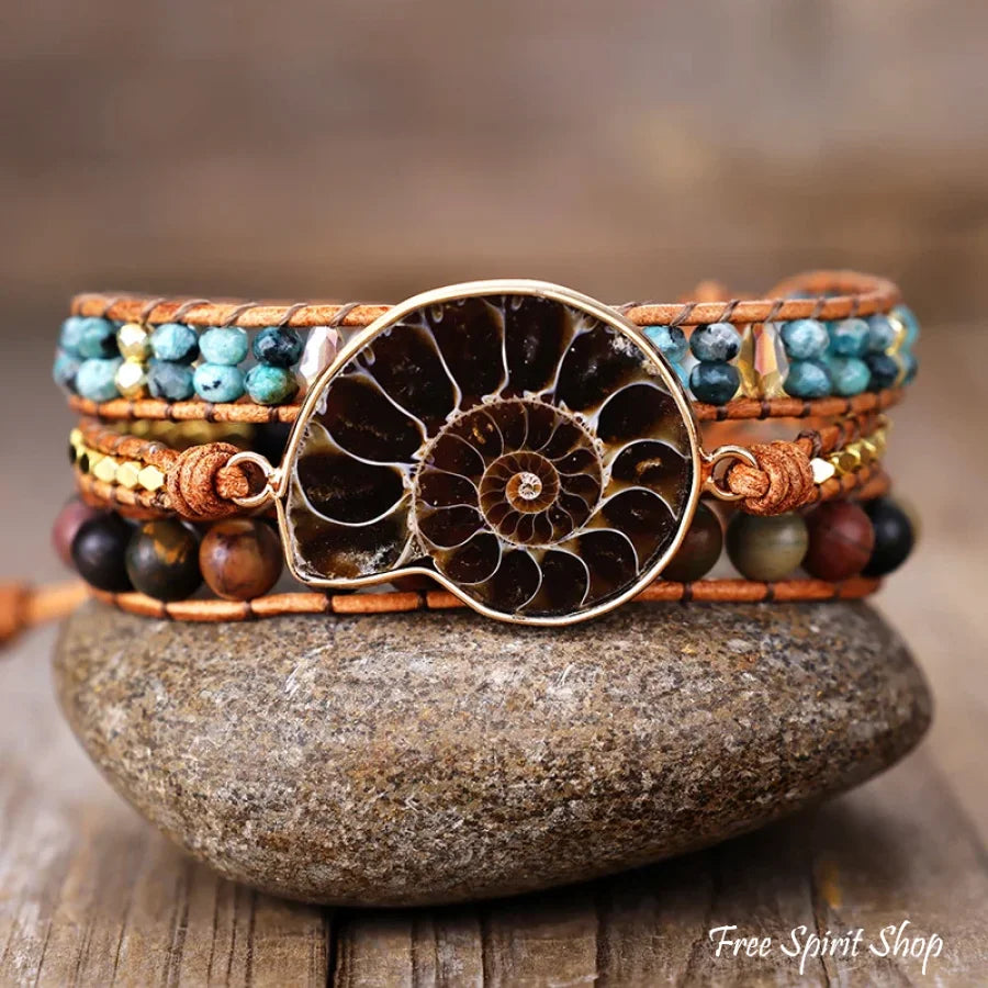Natural Ammonite Fossil Jasper & African Turquoise Wrap Bracelet