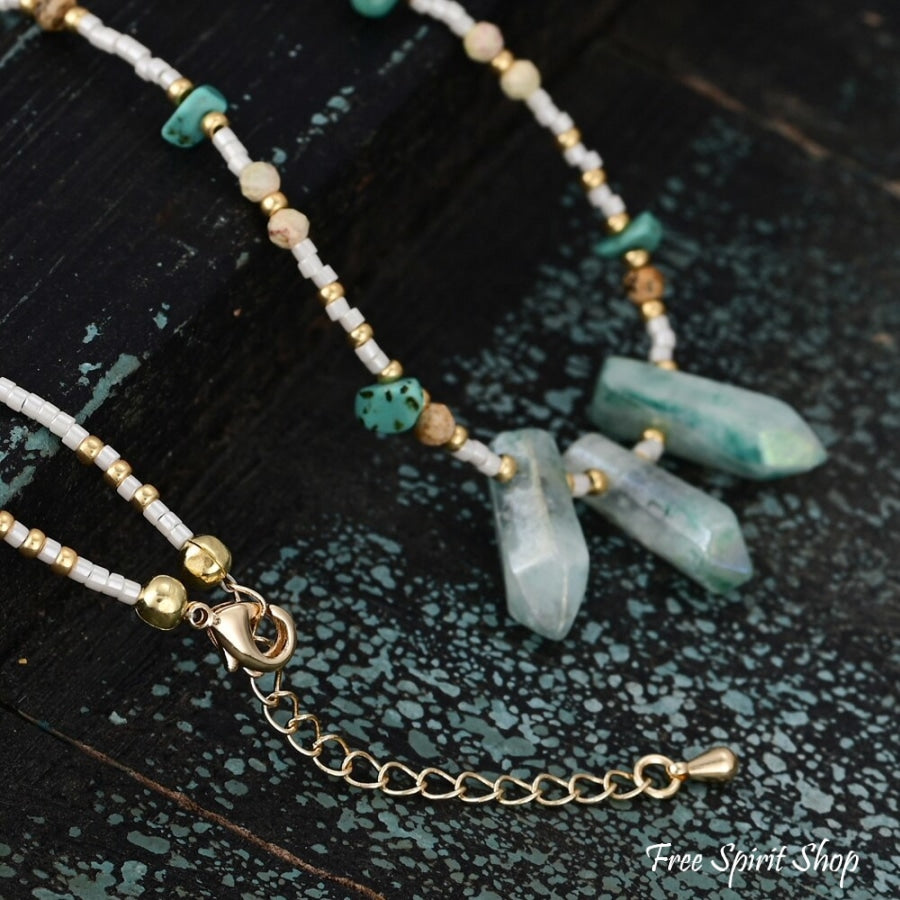 Natural Turquoise & Green Crystal Choker Necklace Jewelry > Gemstone Bead