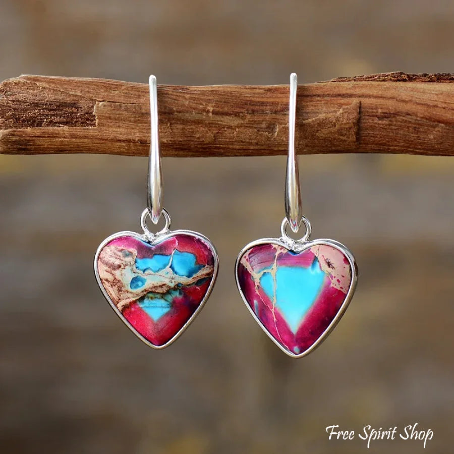 Heart-Shaped Turquoise & Red Jasper Dangle Earrings