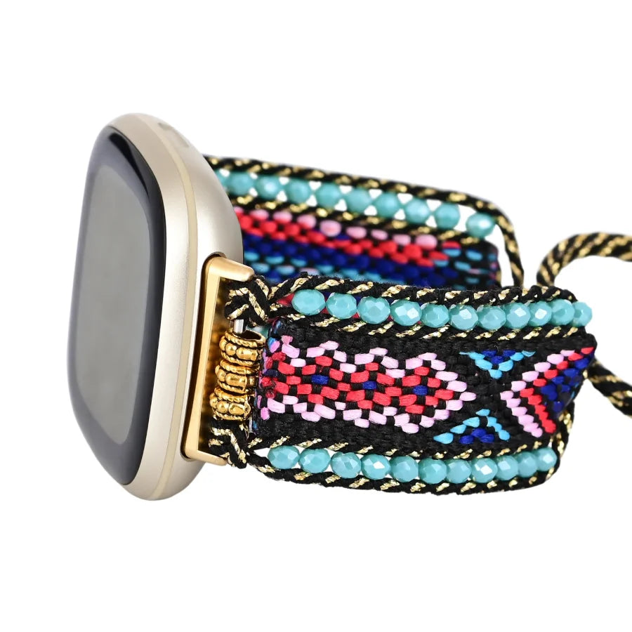 Pink & Navy Blue Woven Nylon Adjustable Fitbit Watch Band Smartwatch / Strap > Gemstone Bead Beaded