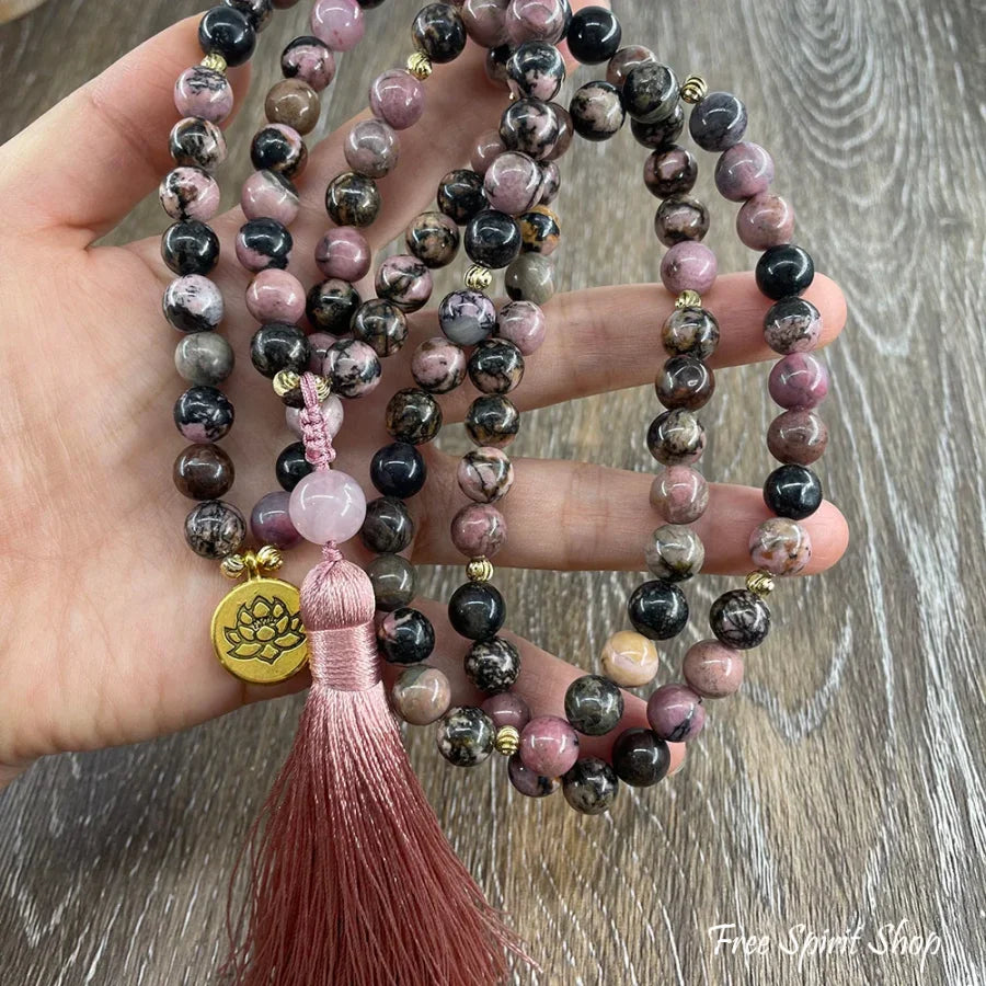 108 Pink & Black Rhodochrosite Tassel Mala Bead Necklace Jewelry > Gemstone