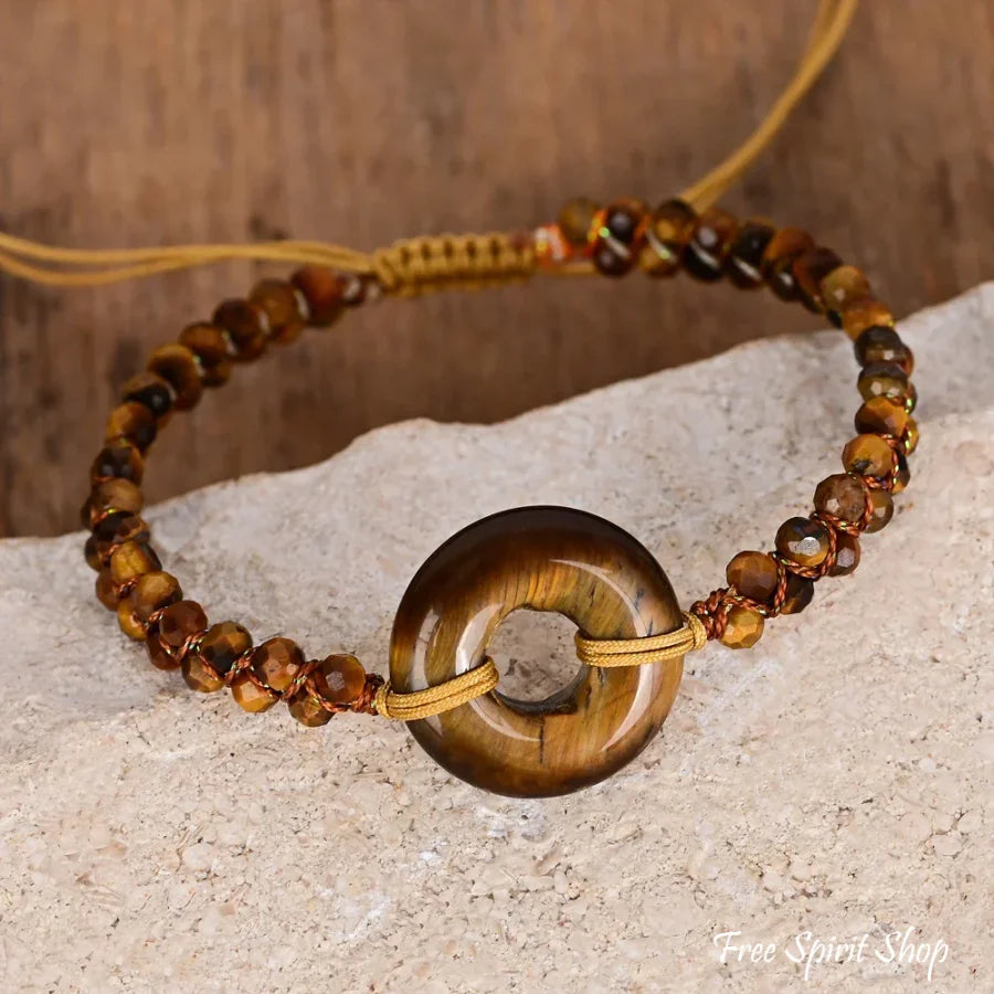 Tiger Eye Circle Charm Adjustable Bracelet – Symbol of Strength & Protection