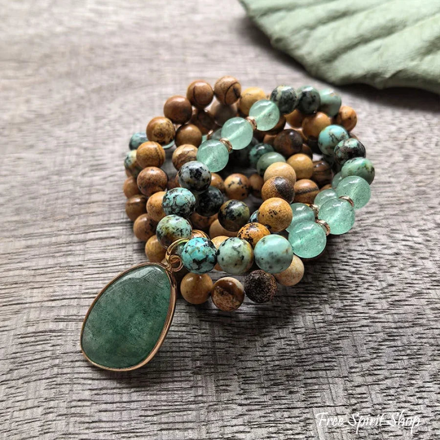 108 Natural Picture Jasper Green Quartz & African Turquoise Mala Bead Necklace